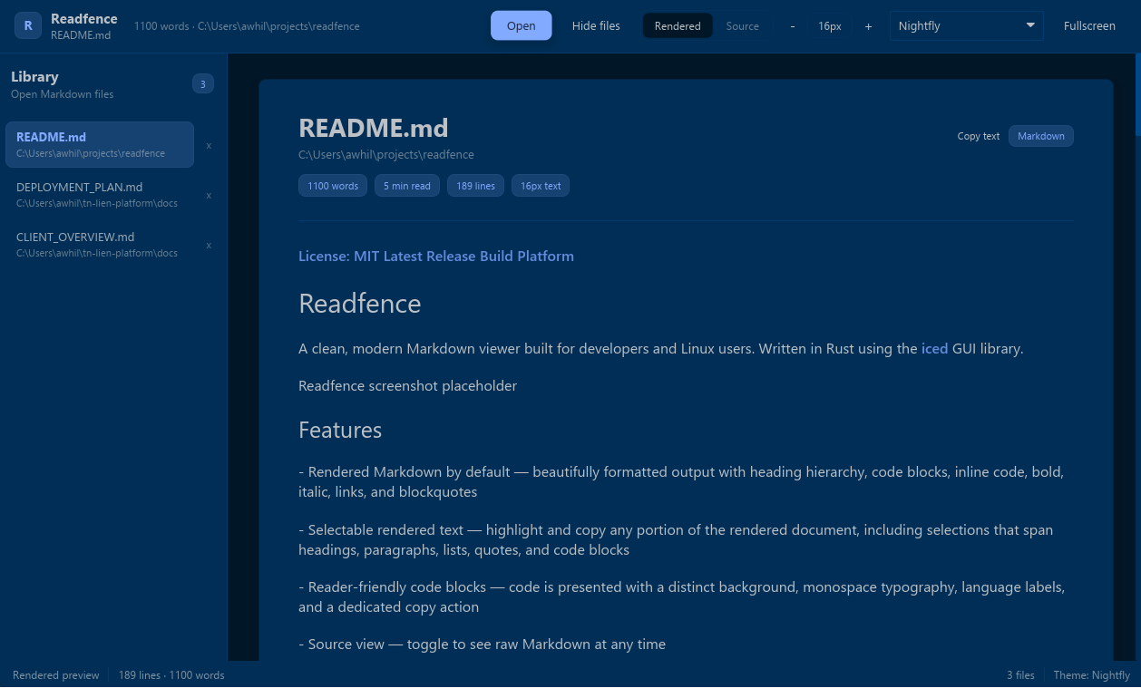 Readfence rendered view with three Markdown files open in the library sidebar