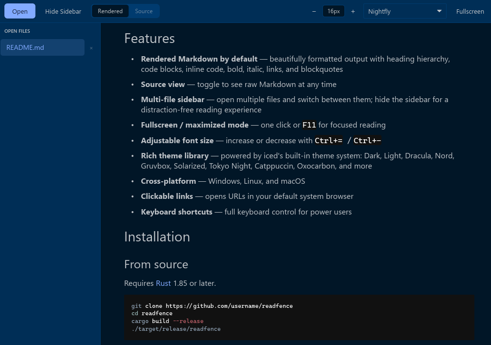 Readfence app showing rendered markdown