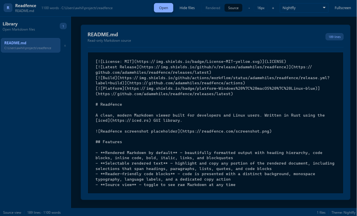Readfence source view showing read-only Markdown in a monospace editor